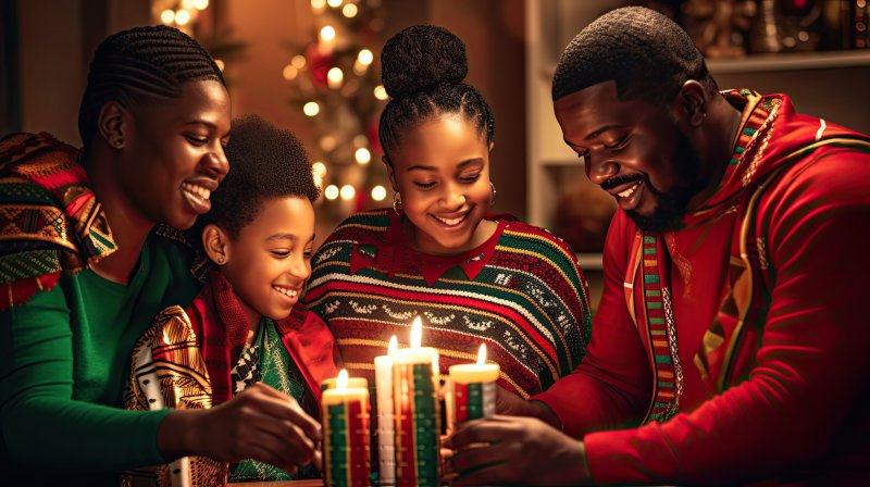 A family preparing to exchange dental-themed stocking stuffers by lighting holiday candles